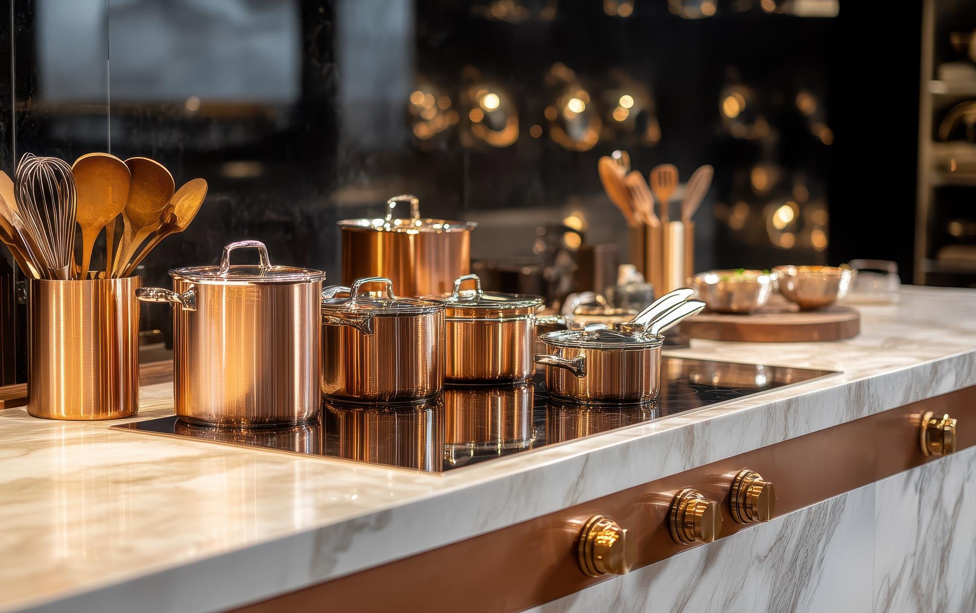 Workshop kitchen with copper pans and marble counters